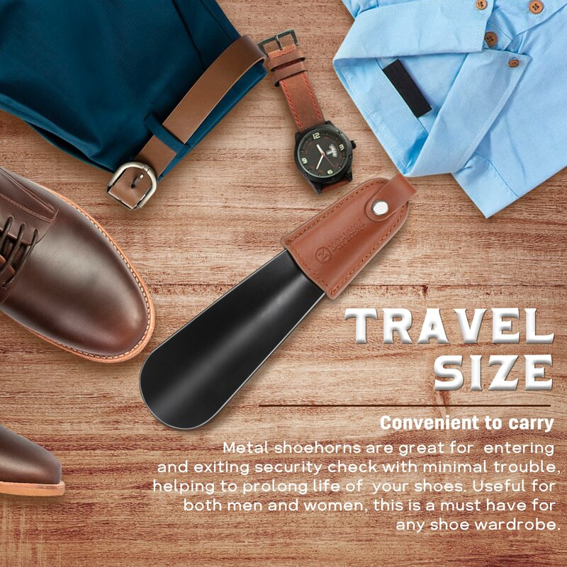 ZOMAKE Cornes à chaussures en métal avec poignée en cuir Chausse-pied en acier inoxydable Petite corne à chaussures pour voyager