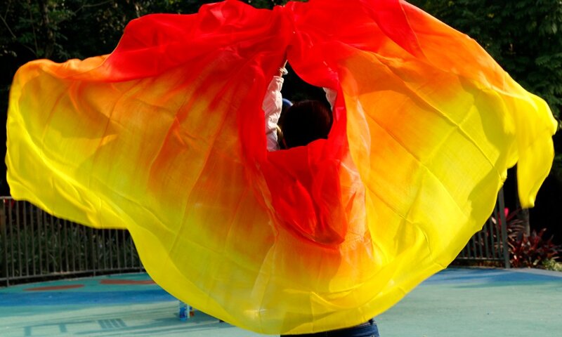 Dança do ventre 100% reais véus de seda gradiente popular cor seda mão cachecol xales para dança ou estágio 2 tamanhos