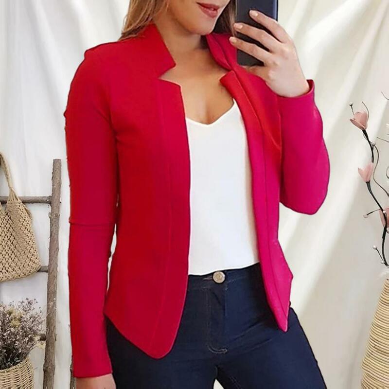 Spring Summer Autumn Stylish Women's Slim Fit Chic Notched Collar Long Sleeve Solid Color Open Front Suit Coat for Spring Autumn