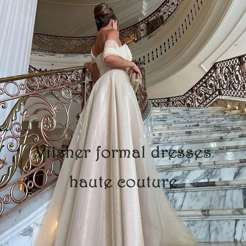 Gaun malam Organza sampanye gaun Prom Formal A Line tanpa tali bahu terbuka dengan kereta gaun pesta malam Dubai Arab