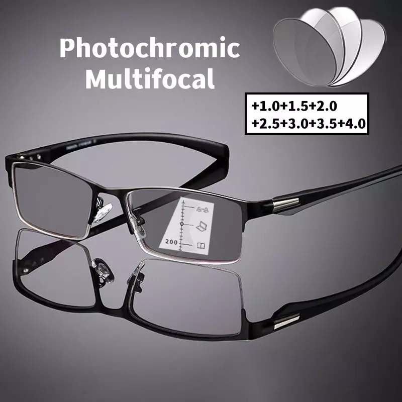 نظارات قراءة متعددة البؤر تقدمية ، نظارات شمسية فوتوكروميك عتيقة ، نظارات أعمال عصرية ، بالقرب من بعيد وقصر النظر الشيخوخي ، + 1.0 إلى + 4.0