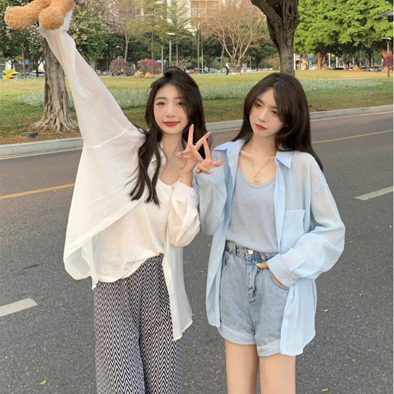 Rimocy letnie koreańskie koszule chroniące przed słońcem kobiety 2024 proste jednolity kolor cienka bluzka kobieta z długim rękawem luźna koszula plażowa Mujer