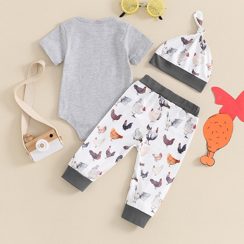 Visgogo-赤ちゃんの男の子の夏の衣装、文字のプリント、クルーネック、半袖ロンパース、ロースターエンプリント、ロングパンツ、帽子、服セット、3個