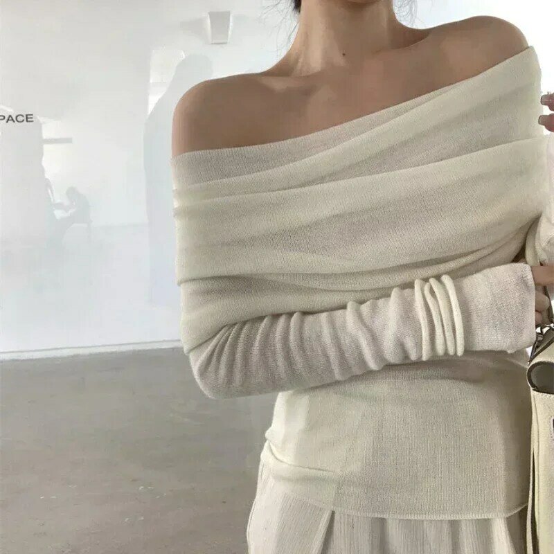 Deeptown Off Shoulder sweter rajut wanita elegan gaya Korea Jumper Harajuku Fashion Gyaru seksi Pullover estetika
