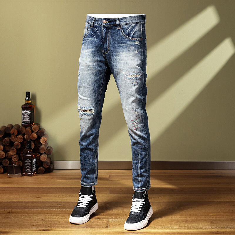 Street Fashion Men Jeans Retro Azul Plain Wash Elastic Skinny Rasgado Jeans Homens Bordados Patchwork Vintage Designer Calças Homme
