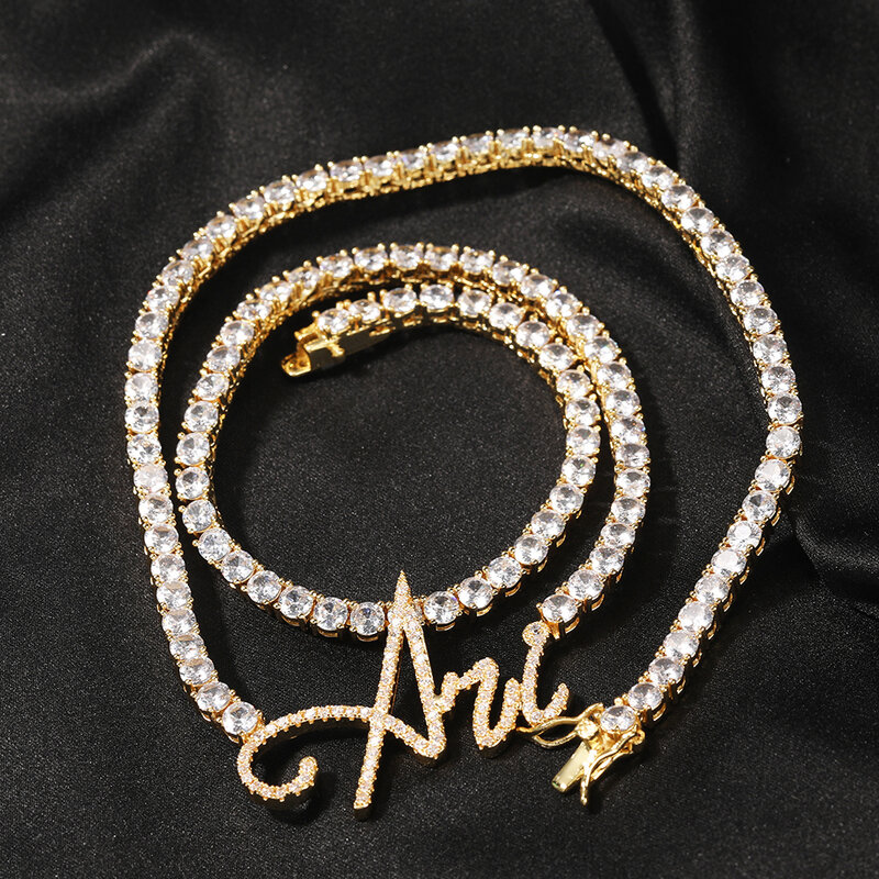 Uwin colar de nome personalizado letra cursiva corrente de tênis de soldagem zircônia cúbica ouro prata cor colar moda hiphop jóias
