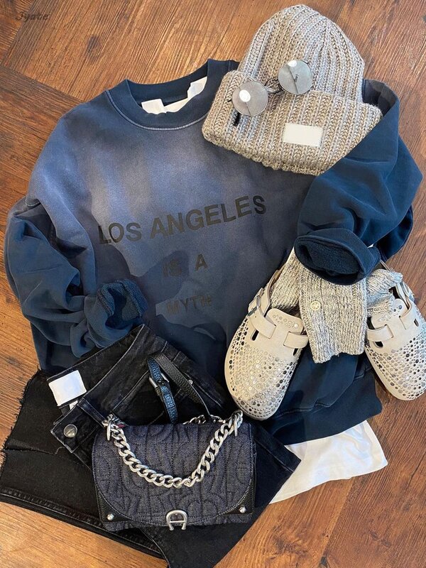 Lente Herfst Chique Retro Vrouw Sweatshirt Katoenen Wassen Water Hoodie O-hals Los Angeles Brief Print Street Fashion Pullover Tops