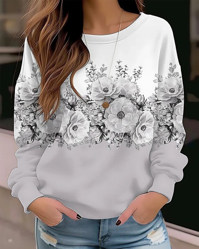 Luźny damski Top jesienny i zimowy kwiatowy nadruk z długim rękawem bluza z okrągłym dekoltem nowy Temperament damski t-shirt