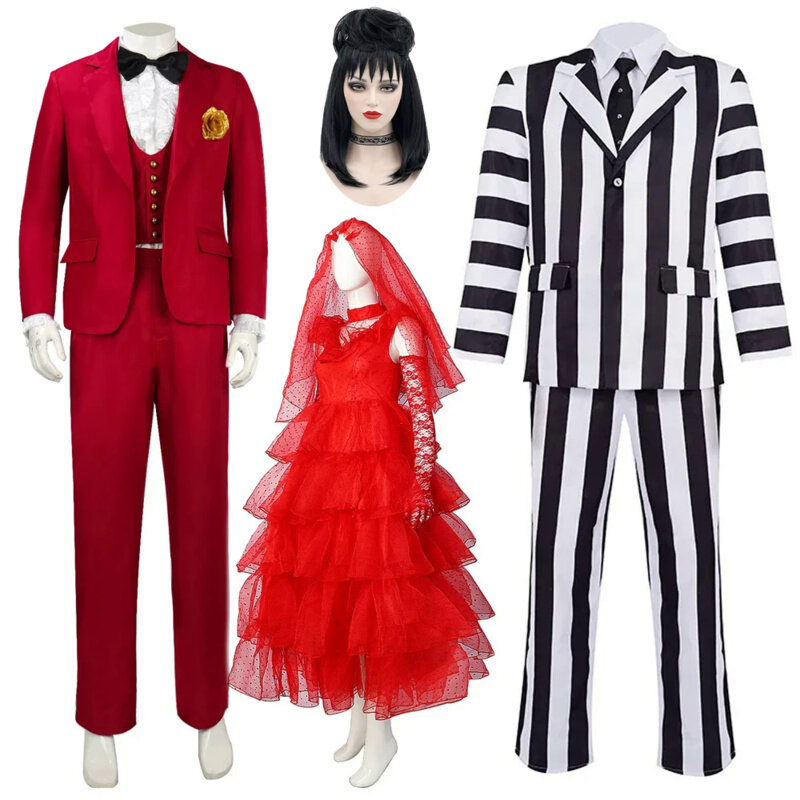 Disfraz de Cosplay de Beetle Juice Lydia, vestido de novia rojo Musical, peluca de jugo, disfraz de fiesta de Halloween, mujeres y hombres