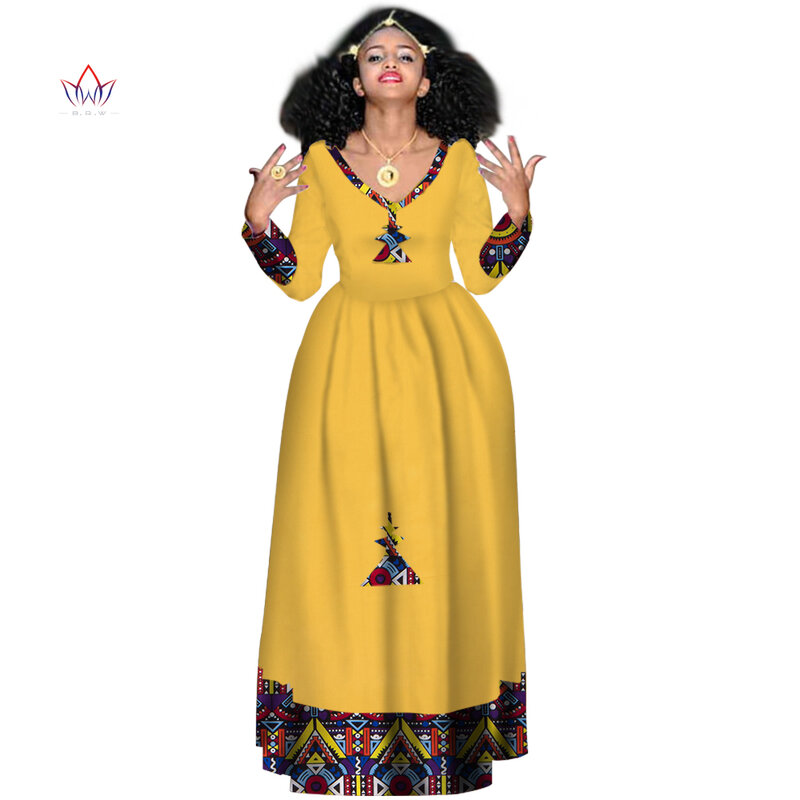 Vestido africano estampado em cera para mulheres, roupas de manga completa, robe com decote em v, Etiópia, roupas compridas, estilo africano, WY2998