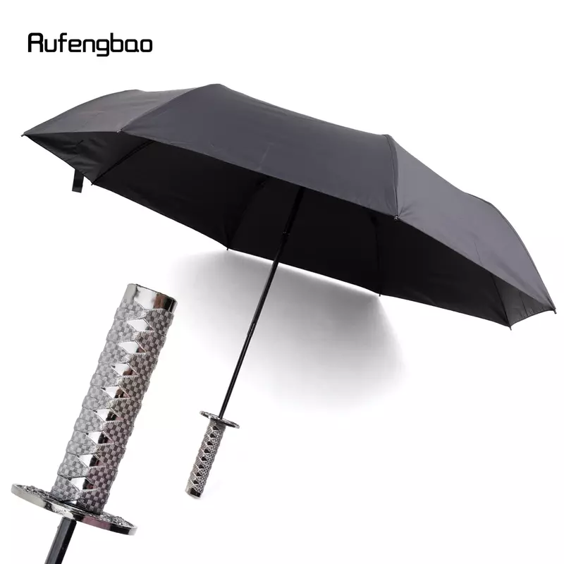 Paraguas plateado de Samurai para hombre y mujer, Paraguas automático, 8 huesos, plegable, protección UV, días soleados y lluviosos, resistente al viento