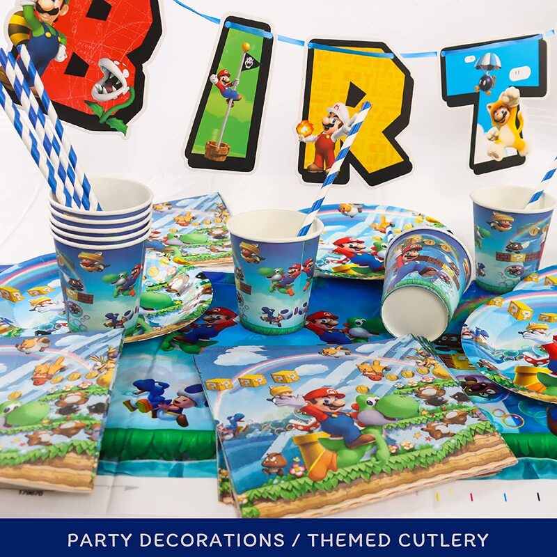 Vajilla desechable de dibujos animados de Mario para niños, suministros de fiesta de Super Bros, pegatinas, placa, globos, envío gratis, nuevo