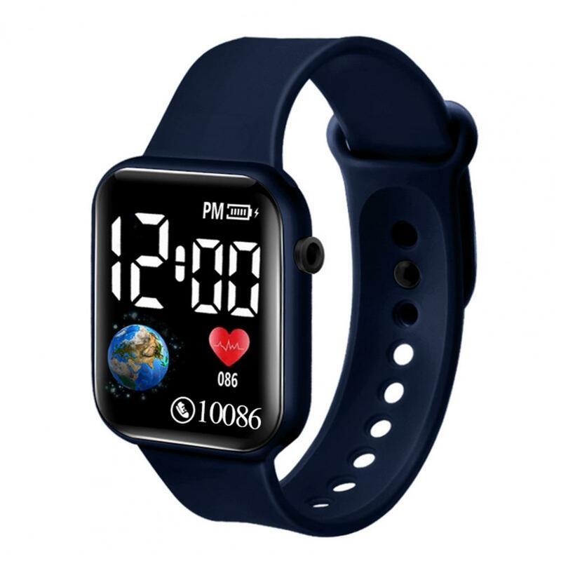 Electronic Watch Waterproof Adjustable Soft Silicone Strap Square Earth Dial Kids Students Casual Sports LED Digital Wristwatch