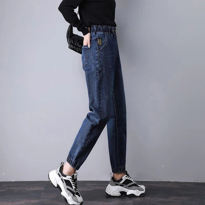 Женские джинсы-джоггеры, новые корейские прямые брюки до щиколотки с высокой талией, весна-осень, повседневные мешковатые джинсовые брюки, брюки