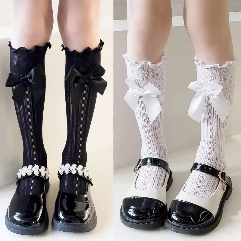 ถุงเท้ายาวผูกโบว์สำหรับเด็กผู้หญิงถุงเท้าโลลิต้าแบบบางสำหรับฤดูร้อนถุงเข่าฤดูใบไม้ผลิสำหรับทารก
