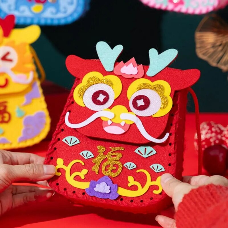 Tas Keberuntungan DIY gaya Tiongkok, mainan DIY paket bahan taman kanak-kanak pola naga dengan tali gantung