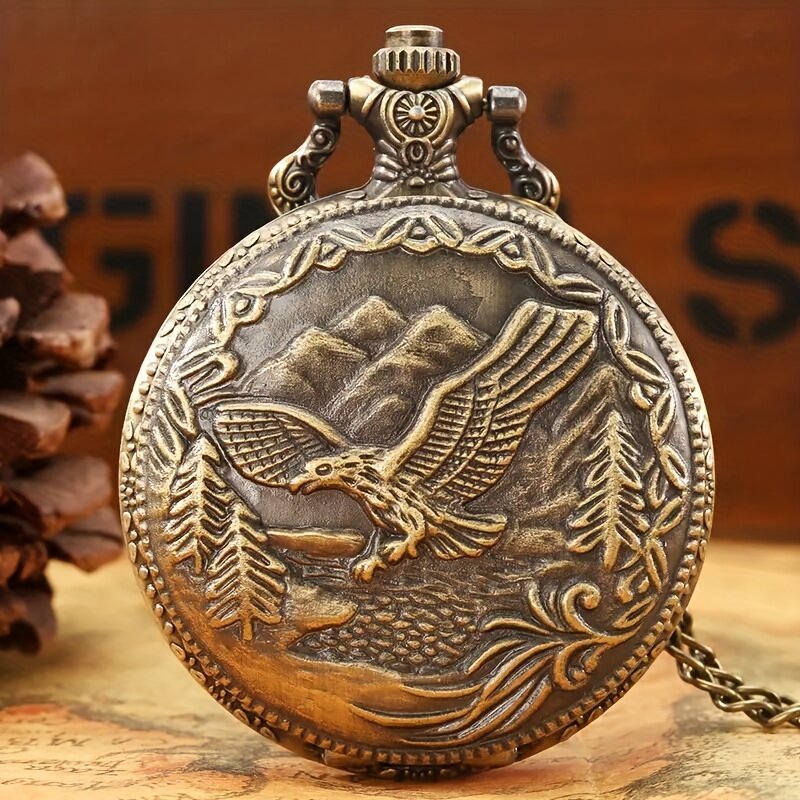 Карманные кварцевые часы с орлиным узором, ретро часы с бронзовым ожерельем, Рождество, день рождения, выпускной, праздничный подарок