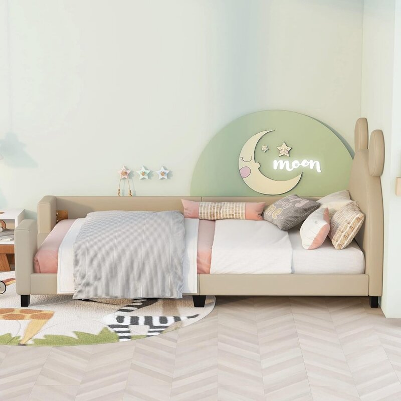 โครงเตียงเด็กเตียงคู่ทำจากไม้พร้อมหัวเตียงแบบหูเมาส์ไม่จำเป็นต้องใช้กล่องสปริงโครงเตียงต่ำ