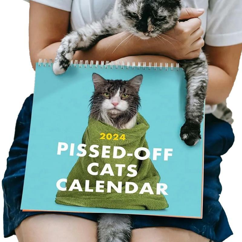 Calendário gato irritado com papel revestido, Planejamento Criativo, Decoração Desktop, Presente de aniversário, Gatos de corte, 2024, Criativo