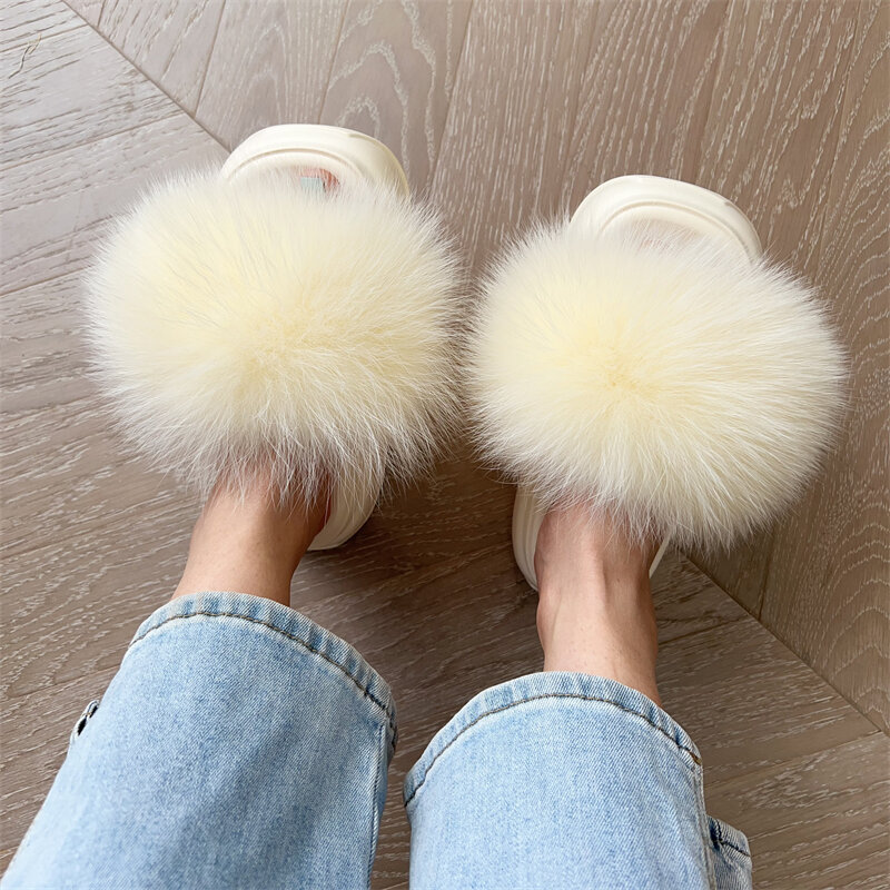 PVC  Luxury Real Fur Raccoon Brown Teddy Fur Slides  Fox Big Size Home Fur Slippers For Women And Girls