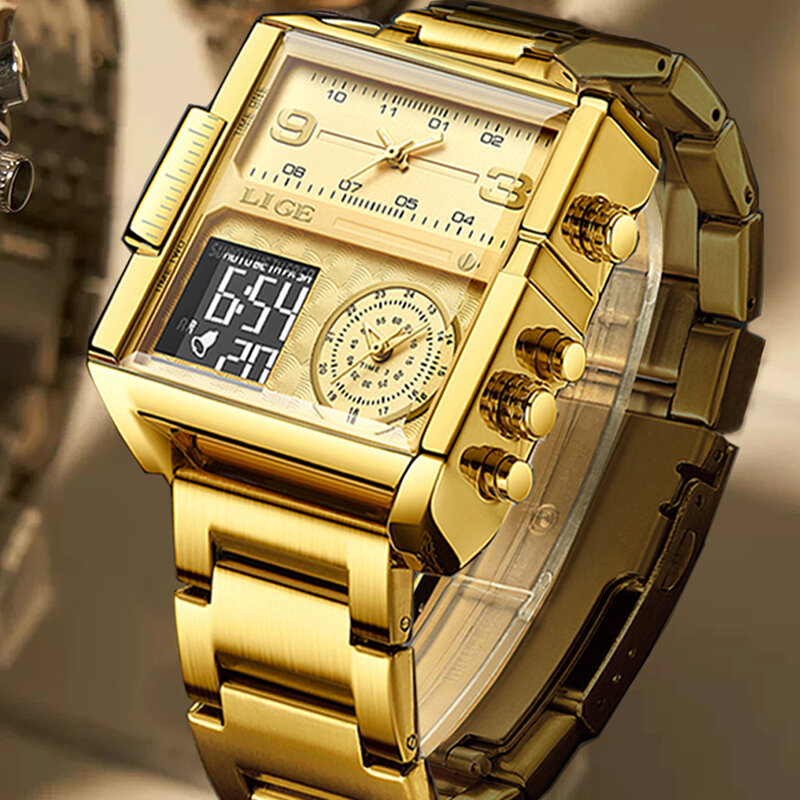 LIGE luksusowy oryginalny męski zegarek sportowy złoty kwarc stalowy wodoodporny podwójny zegar z wyświetlaczem zegarki Relogio Masculino dla mężczyzn