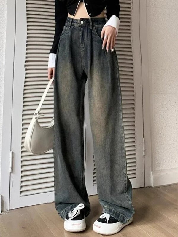 New Vintage Basic Full Length Women High Waisted Jeans Spring Chic Washed Zipper Simple Street Casual Classic Female Baggy Jeans