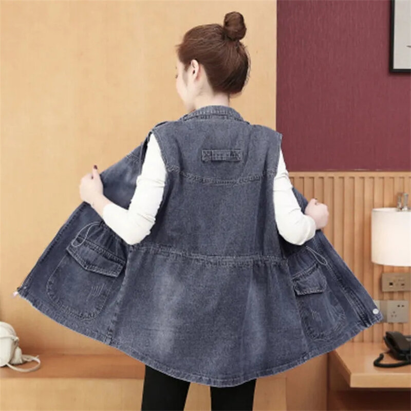 New Casual Loose Denim Vest Women Streetwear Boyfriend Sleeveless Jackets 2024 Spring Summer Lapel Jean Chalecos Mujer