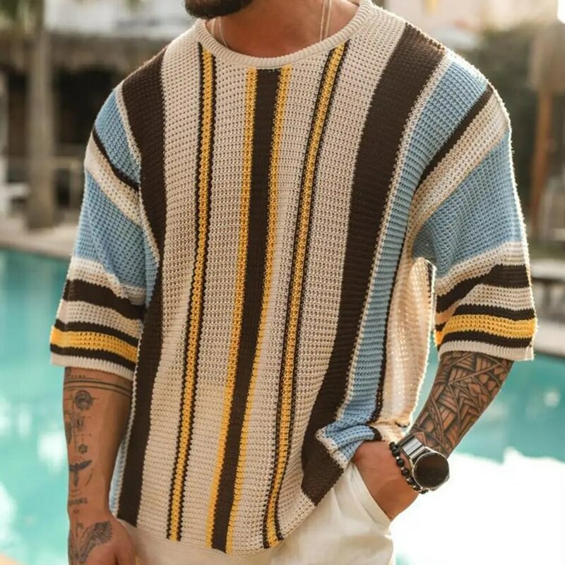 Men Sweater Striped Print Men's Sweater with Round Neck Half Sleeves Loose Fit Pullover for Summer Fall Spring Elastic