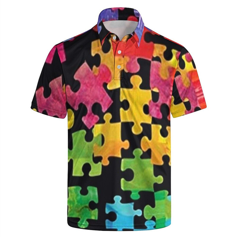 Homens com serra 3D puzzle camisas polo estampadas, tops de manga curta, roupas de rua casuais, camisa de botão leopardo, moda verão