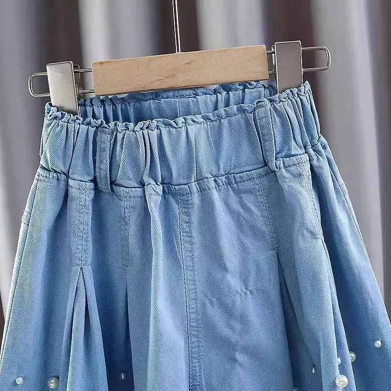 Джинсовые шорты с жемчугом для девочек, летняя модная плиссированная юбка-полуюбка для девочек 6, 12 лет