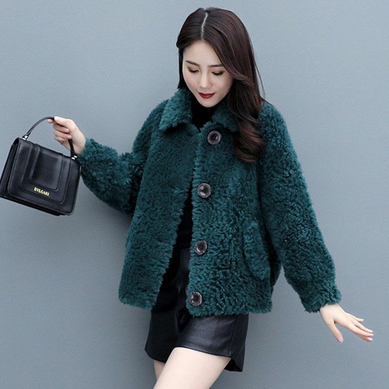 Mantel kulit terintegrasi bulu untuk wanita, mantel bulu domba imitasi musim gugur musim dingin untuk wanita, mantel pas longgar Korea pendek