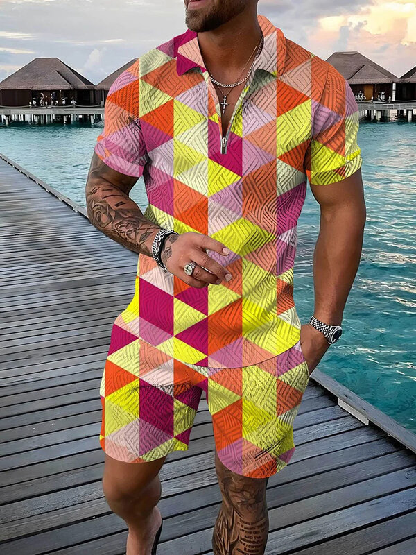 Patches coloridos para homens 3D impressão Casual Zipper Camisa Polo e Shorts Set, agasalho extragrande, moda verão, 2pcs conjuntos