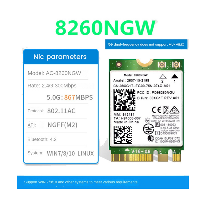 8260 8260NGW karta WiFi + 2xantena 2.4G/5Ghz 867M Bluetooth 4.2 NGFF M.2 moduł karta bezprzewodowa WiFi dla Intel AC 8260