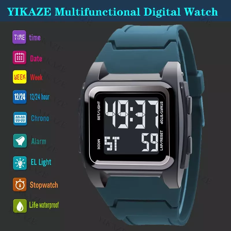 YIKAZE-ساعة رقمية للرجال متعددة الوظائف ، ساعة رياضية مضادة للماء ، ساعة منبه عسكرية ، ساعة يد LED ، هدايا رجالية ، 50 متر