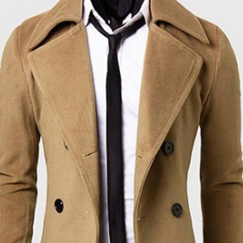 Casaco de trench longo trespassado masculino, sobretudo monocromático, casacos de lã, lapela, outwear grosso, outono, inverno