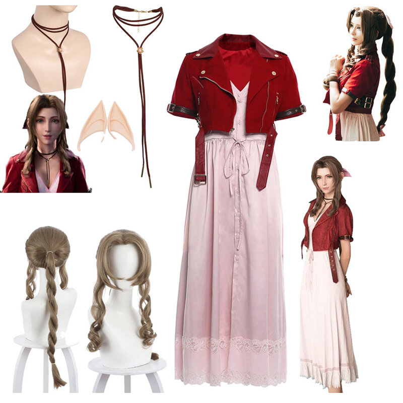 Final Fantasy VII Aerith Gainsborough Cosplay Costume Jacket Dress Outfits Women Halloween Party For Ladies Role Play Clothes