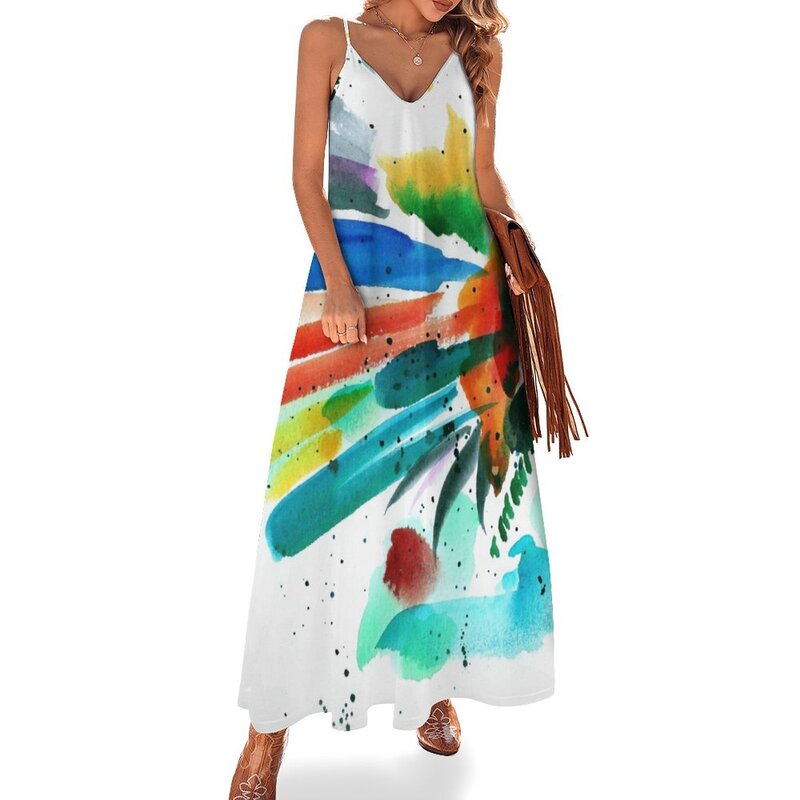 Женское платье без рукавов, Элегантное Длинное Платье с разноцветным абстрактным принтом