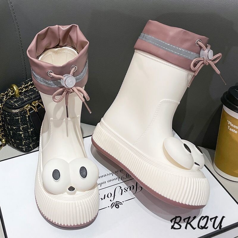 BKQU 2024 Cute Plus Fleece Adult Fashion Outside To Wear Cute Middle Anti-slip Rain Boots Wear-resistant Waterproof Rubber Shoes