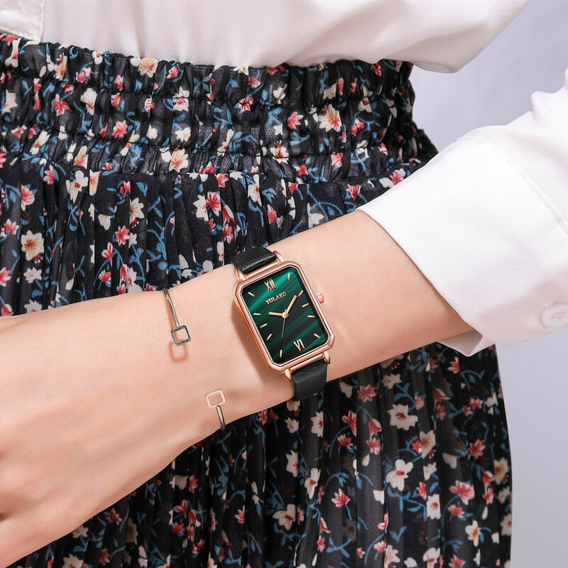 Merk Ins Vrouwen Horloges Mode Vierkante Dames Quartz Horloge Armband Set Green Dial Eenvoudige Rose Goud Mesh Luxe Vrouwen Horloges