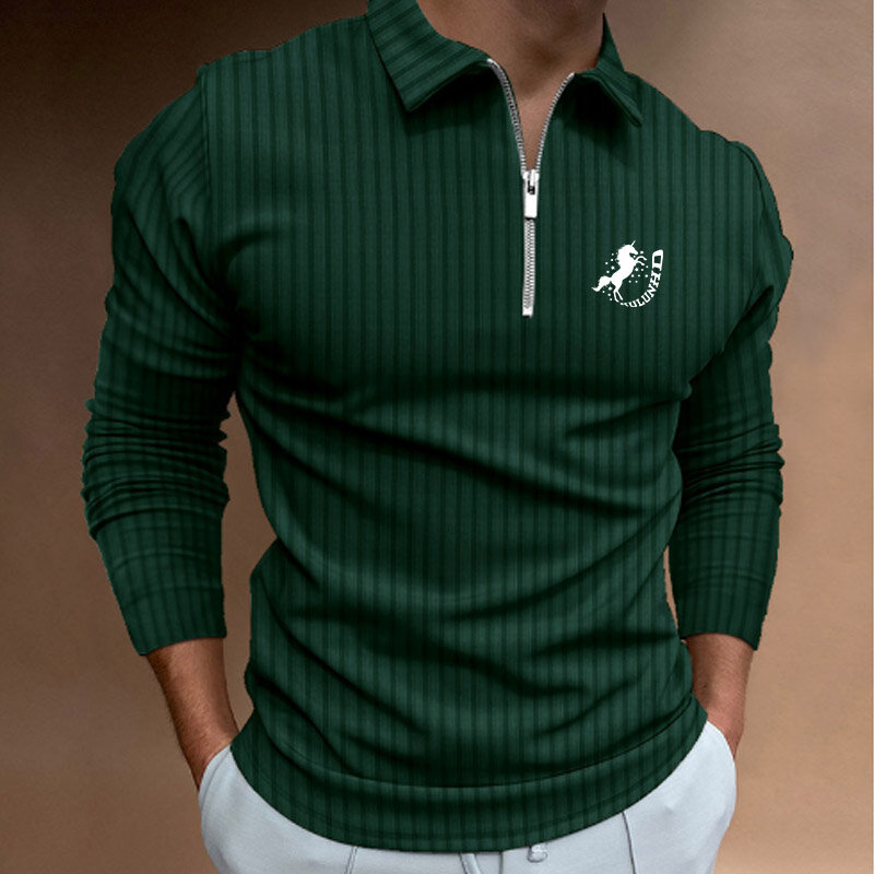 Polo de manga larga con estampado a rayas para hombre, camiseta de Golf con cremallera, nueva tendencia