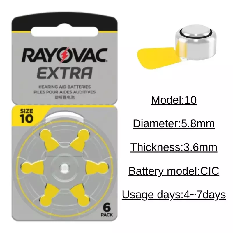 RAYOVAC alat bantu dengar, 60 buah baterai ekstra seng udara kinerja baterai A10 10A 10 PR70 baterai alat bantu dengar A10