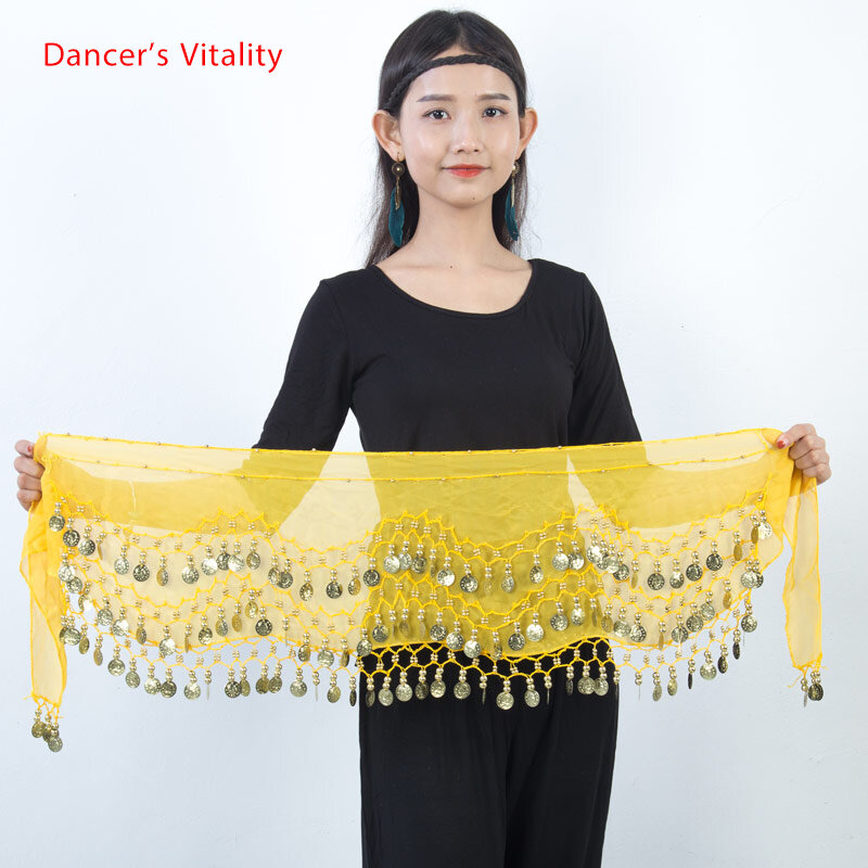 Пояс для танца живота женский, набедренный платок с бахромой и блестками, 128 монет