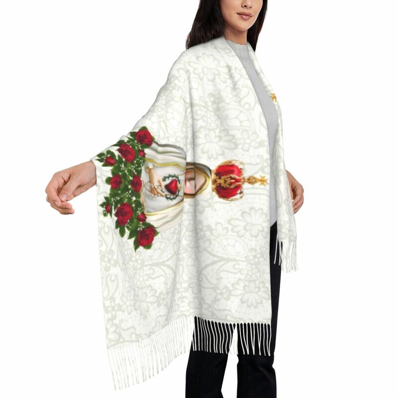 Stylish Our Lady Of Fatima Virgin Mary Tassel Scarf Women Winter Warm Shawl Wrap Ladies Portugal Rosary Catholic Scarves