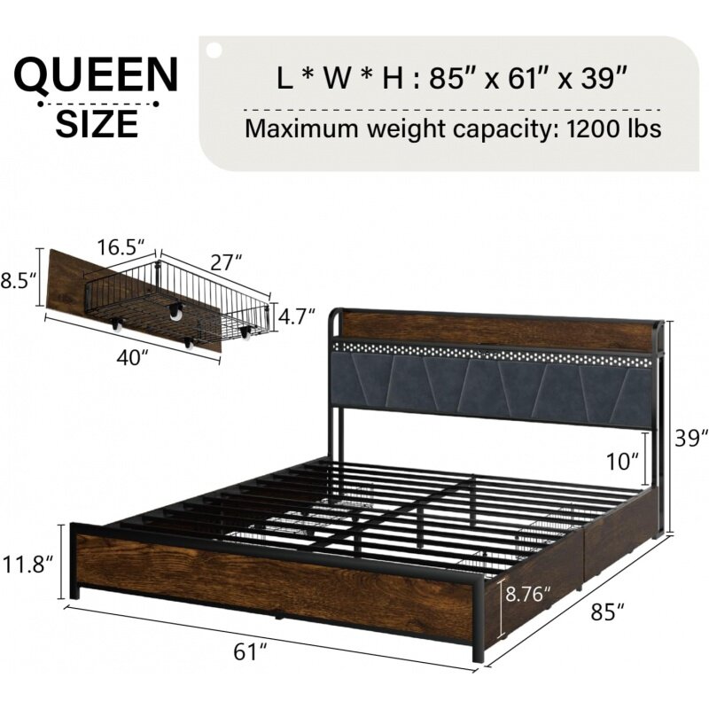 Cadre de lit à plateforme Queen Size avec étagère, planche de sauna, 4 égouts de proximité de stockage sous le lit, sortie avec port de charge