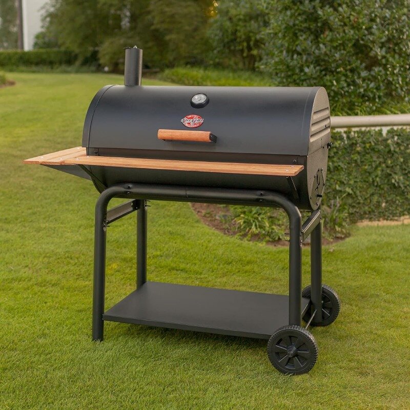 Charcoal Grill and Smoker with Cast Iron Grate, Warming Rack, Premium Wood Rack and 950 Square Inch Black Cooking