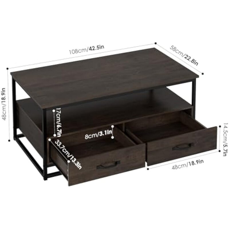Coffee Table with Storage, Rustic Wood and Metal Center Table with 2 Drawers and Shelf for Living Room, Office, Rustic Brown