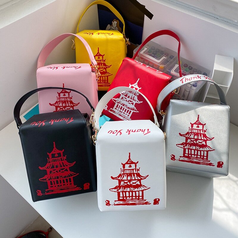 Chinesische Take-out-Box Geldbörse Pu Leder Frauen Handtasche Neuheit Umhängetasche Schulter ketten tasche für Mädchen Einkaufstasche