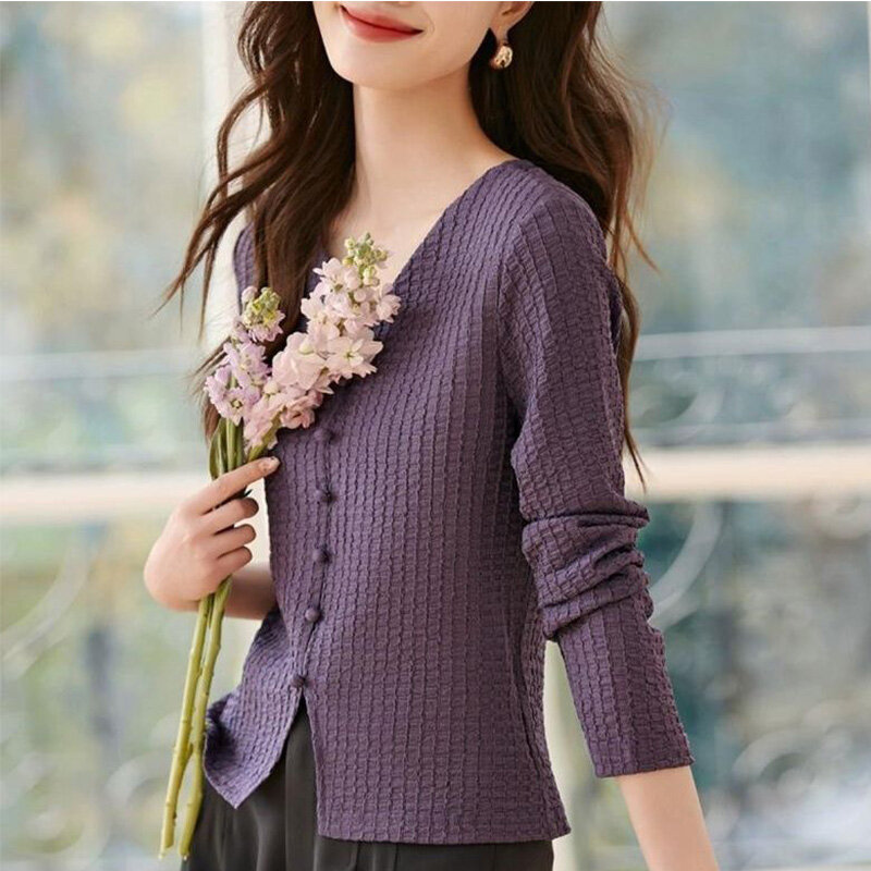 2024 New Summer Loose Casual Office Lady Retro Korean Style Elegant Fashion Women's Shirt Solid V Neck Long Sleeve Y2K Chic Tops
