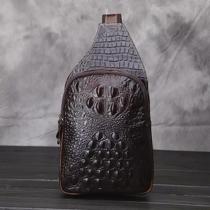 Bolsa de peito com cruz de couro genuíno para homens, mochila estilo crocodilo, mochila de couro real, mochila