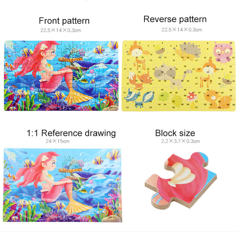 Cartoon Animals Mermaid Princess Puzzles para crianças, quebra-cabeça de madeira, brinquedo educativo, presente Montessori para crianças